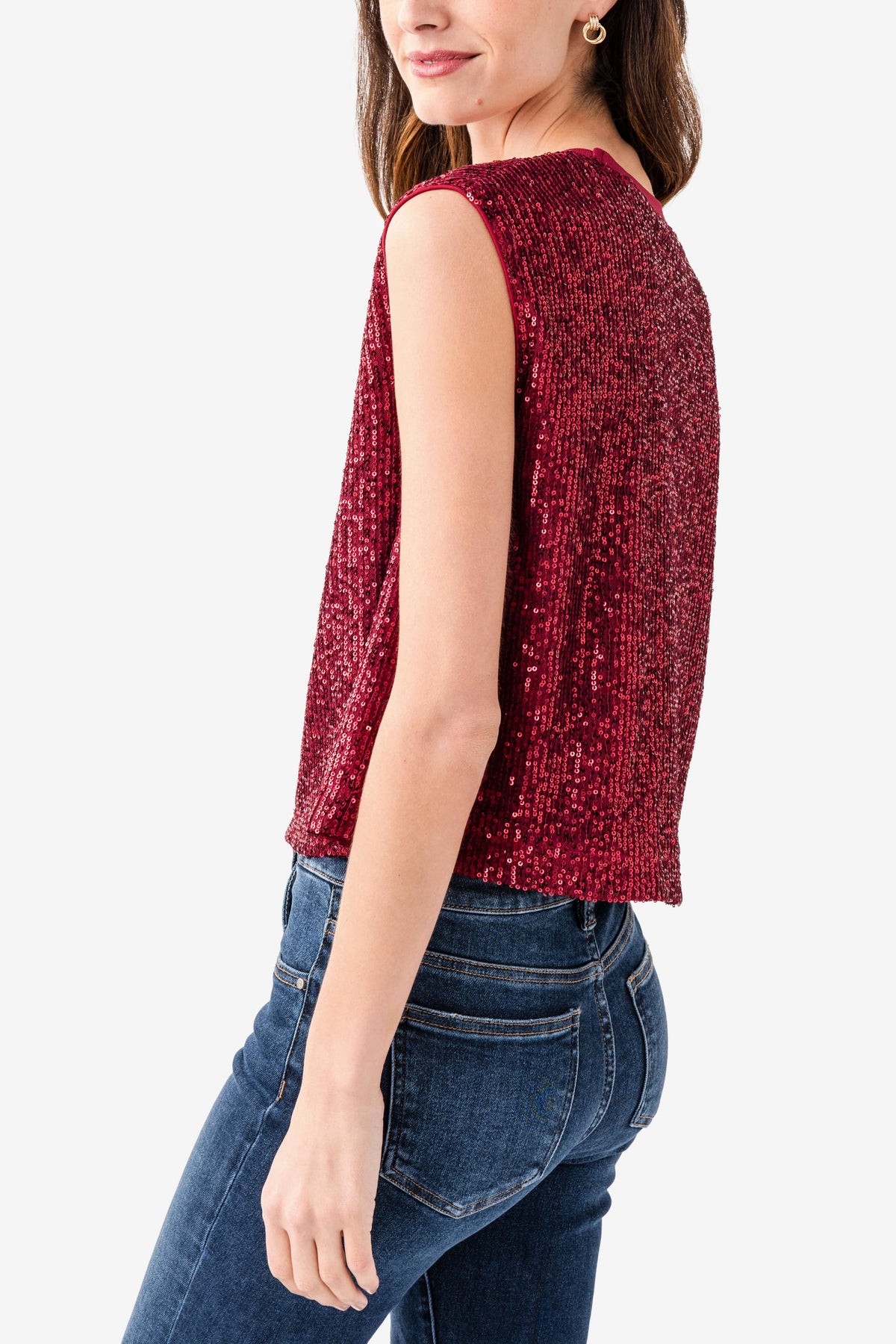 Deep red sleeveless sequin top, profile view with curved back hemline