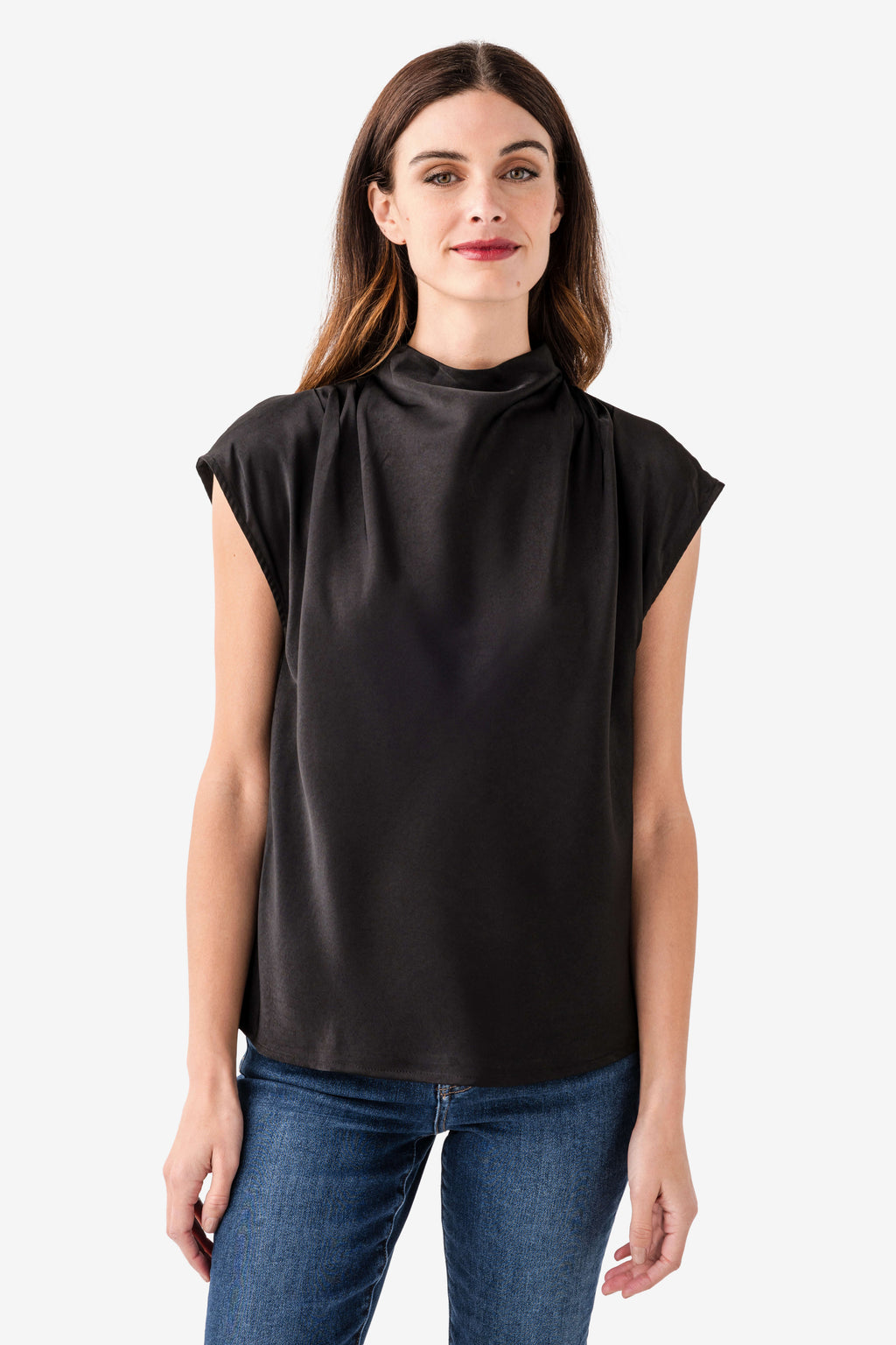 Black draped high-neck sleeveless top with gathered shoulders