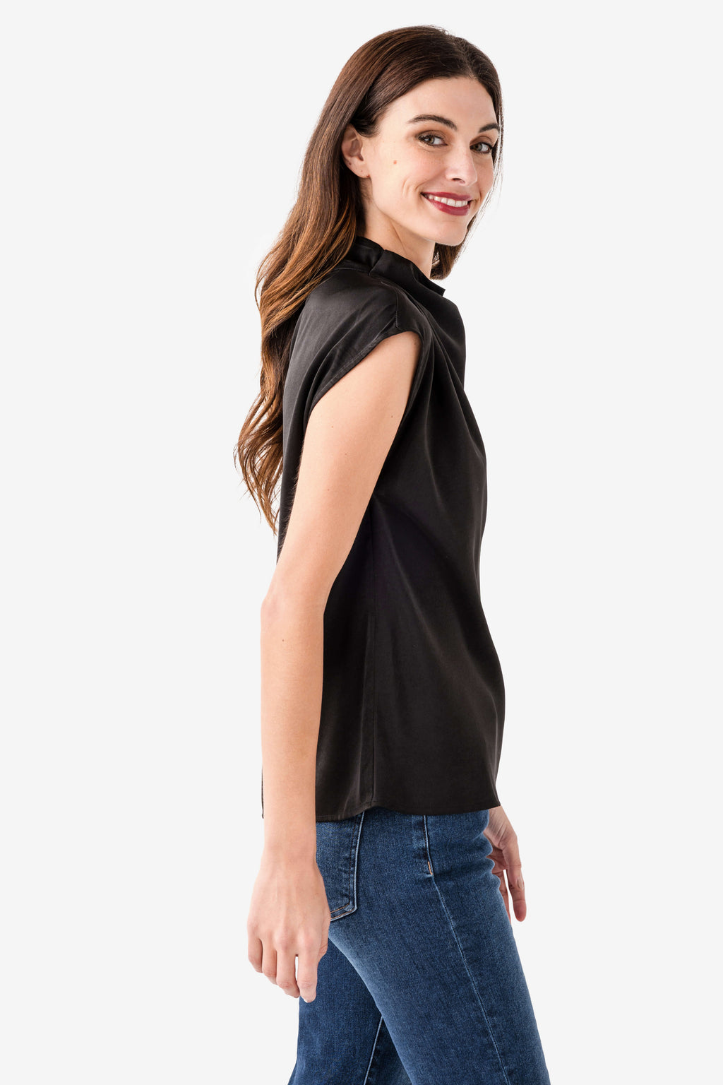 Black draped high-neck sleeveless top, side view with smooth drape