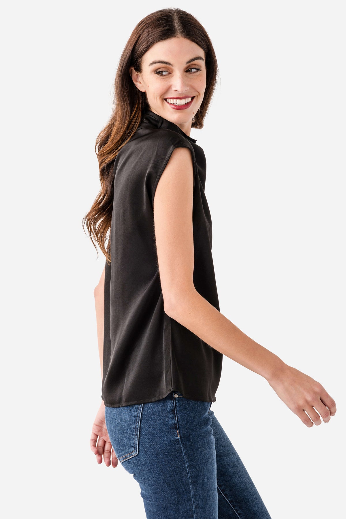 Black draped high-neck sleeveless top, sleeveless cut with soft front drape
