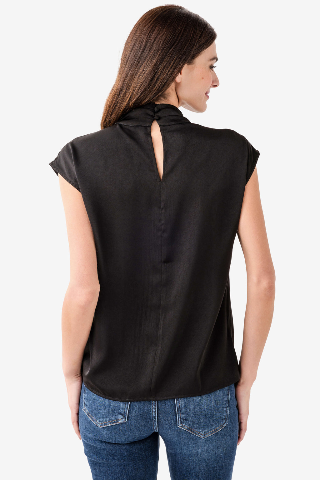 Black draped high-neck sleeveless top, back view with vertical center seam