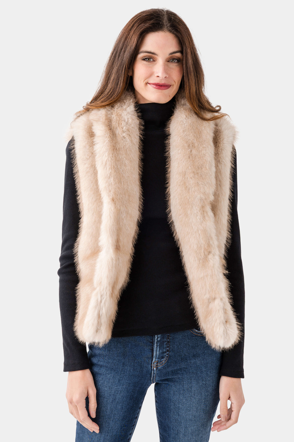 Faux fur vest in light beige with open front and fluffy sleeveless collar