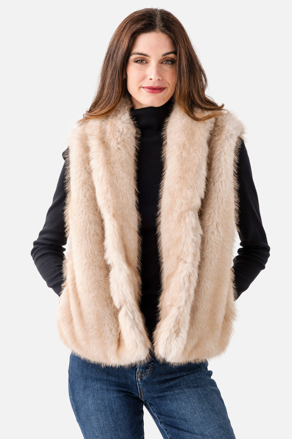 Faux fur vest, light beige, sleeveless with deep open front and textured plush pile