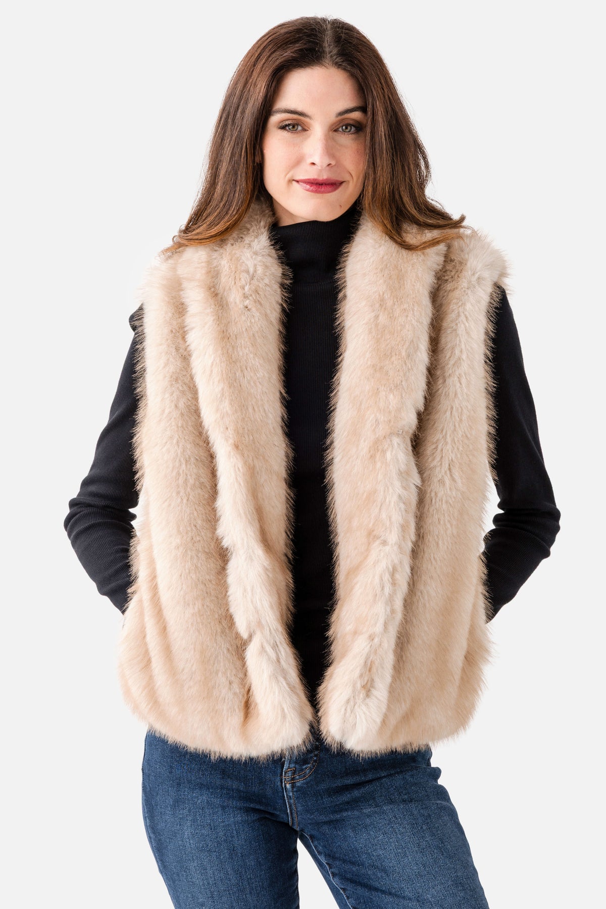 Faux fur vest, light beige, sleeveless with deep open front and textured plush pile