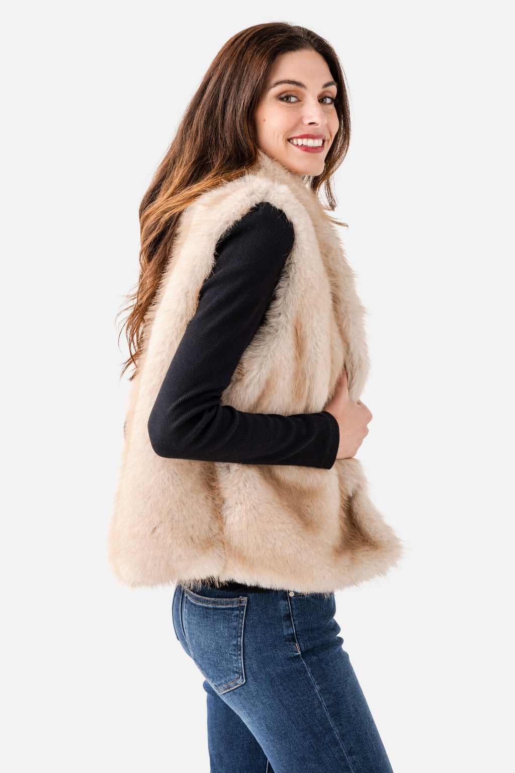 Faux fur vest, light beige, sleeveless with shaggy faux fur texture and open front