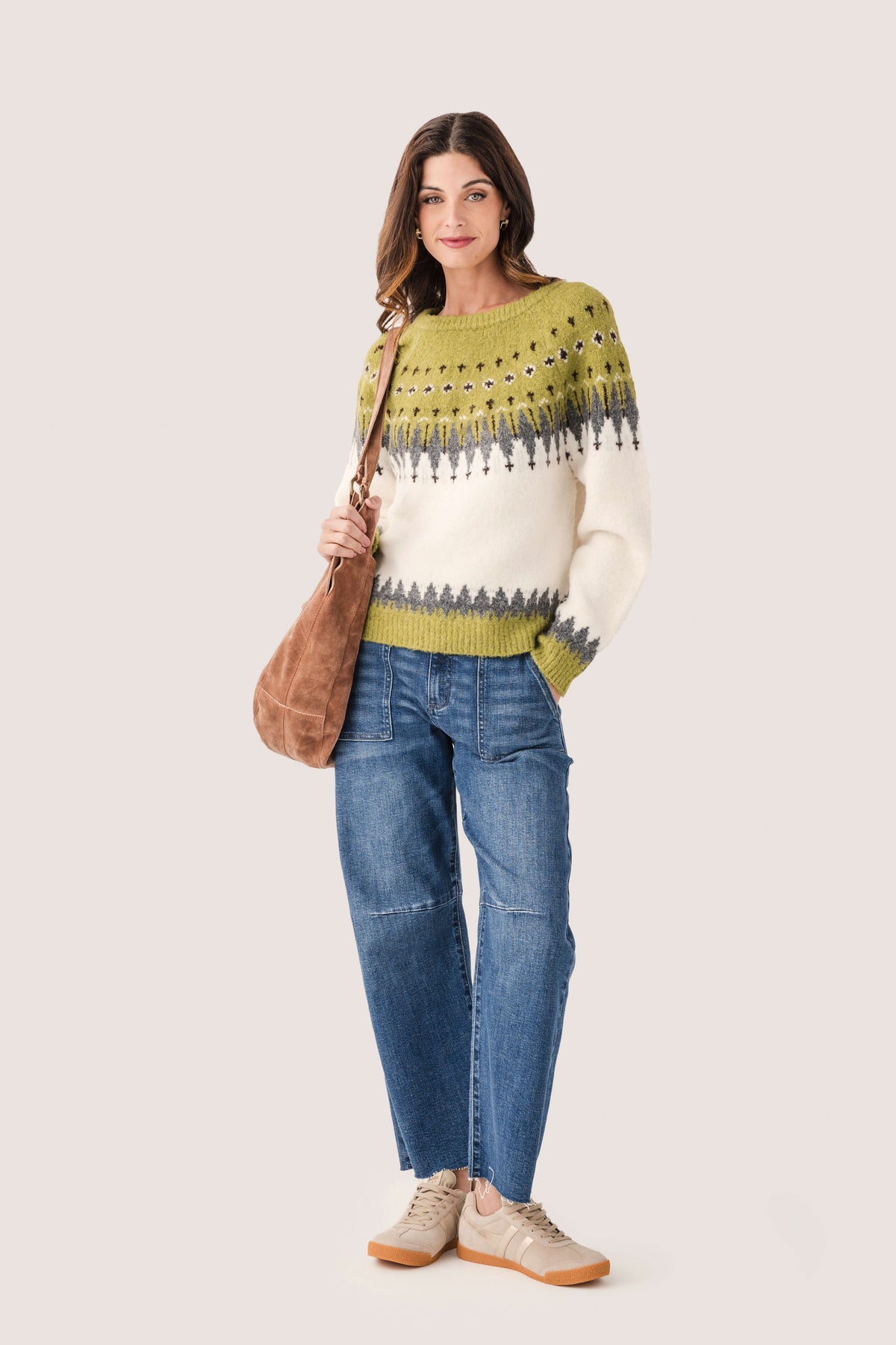 Dark wash barrel jeans with utility patch pockets and wide leg opening