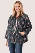 Floral printed utility jacket featuring a full zipper, side pockets, and rounded collar, dark navy.