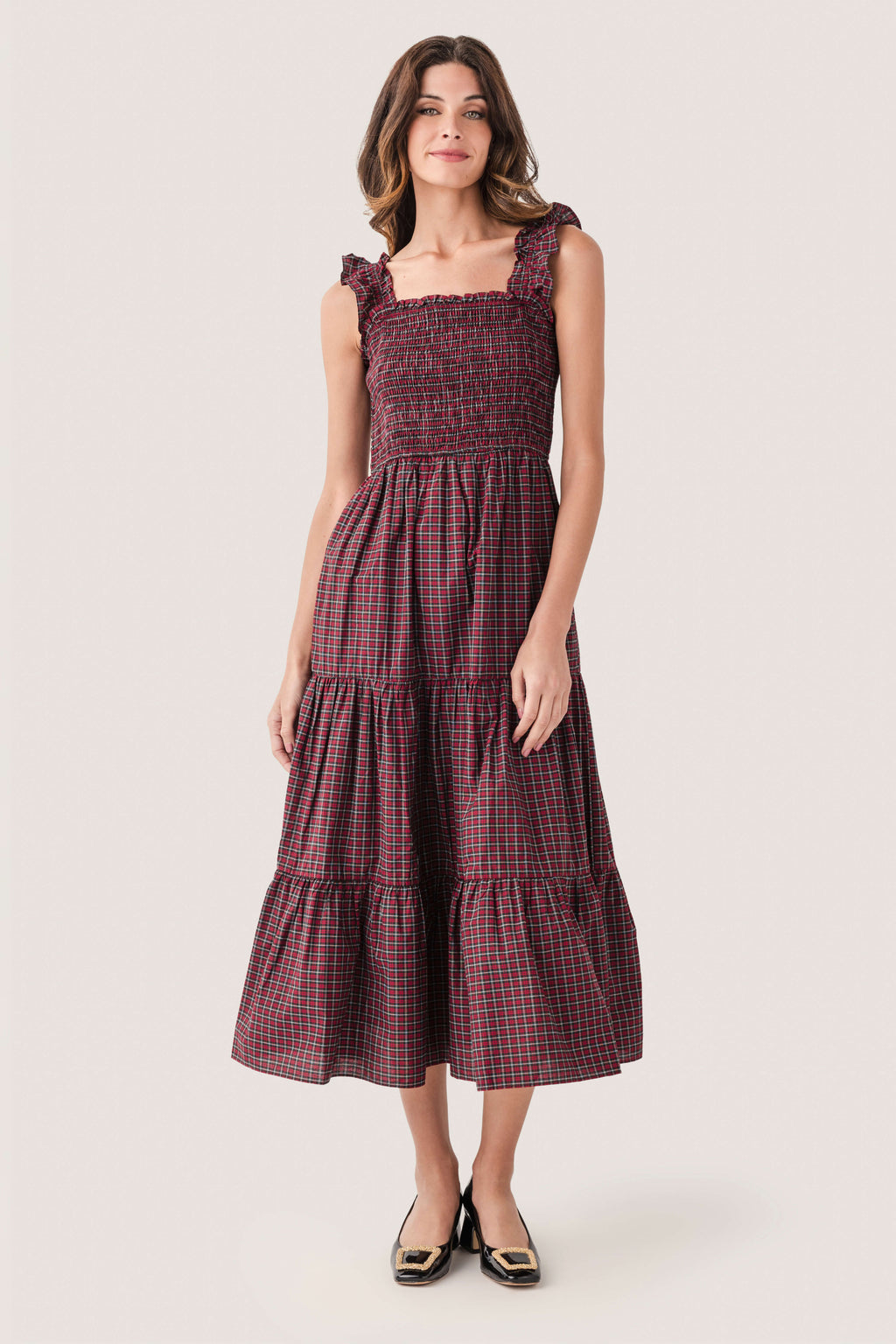 Red and green tartan smocked midi dress with square neckline and tiered skirt