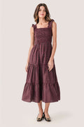 Red and green tartan smocked midi dress with square neckline and tiered skirt