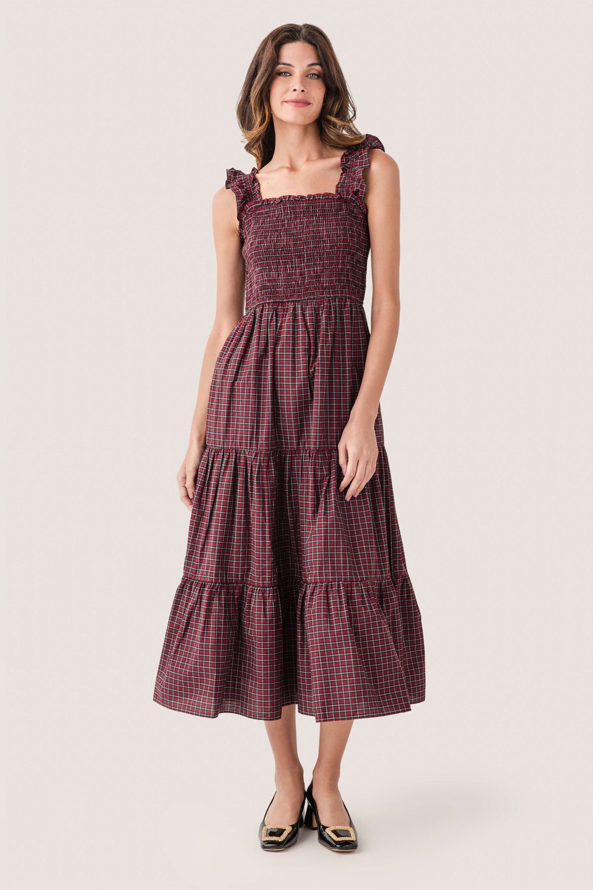 Red and green tartan smocked midi dress with square neckline and tiered skirt