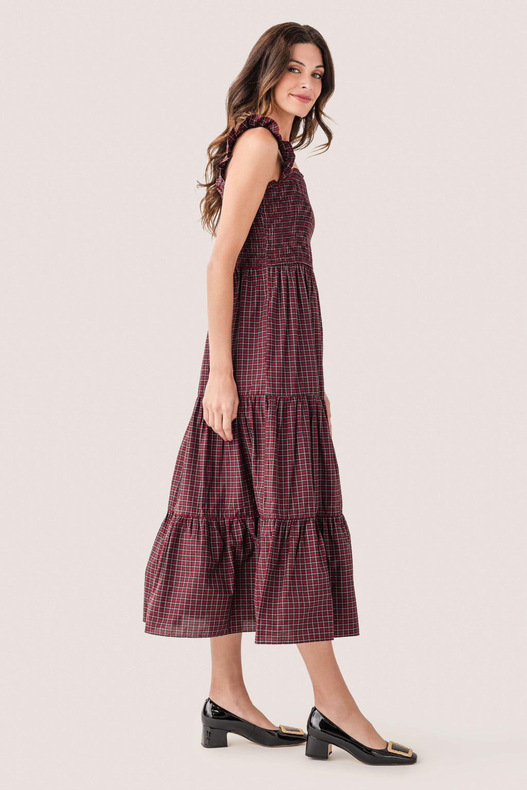 Red and green tartan smocked midi dress with tiered skirt and cap sleeves