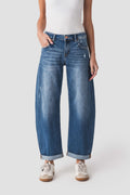 Risen Juliet mid-rise barrel-leg jeans, dark blue wash, zip fly and front pockets
