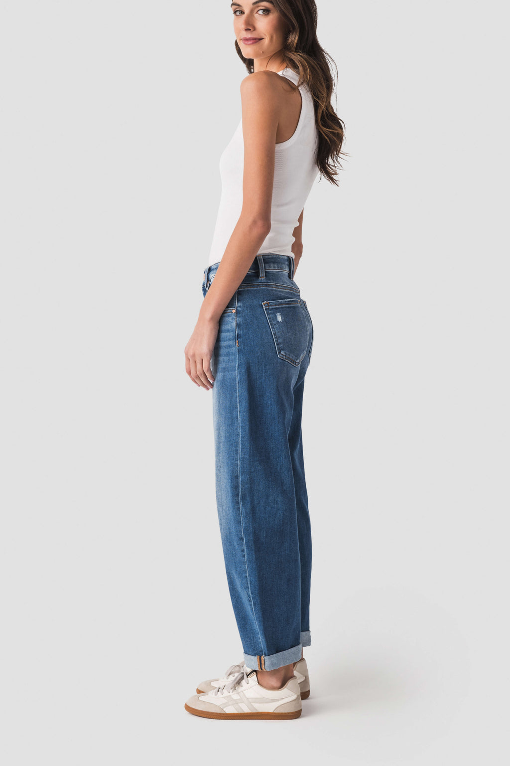 Risen Juliet mid-rise barrel jeans, dark blue denim, side view with front pocket