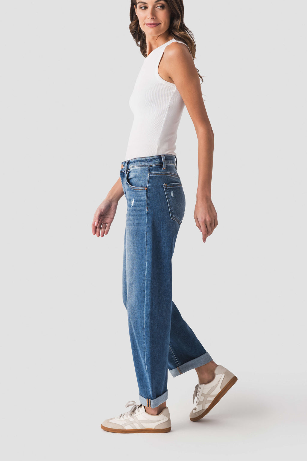 Risen Juliet mid-rise barrel jeans with double-roll cuffs, dark blue denim