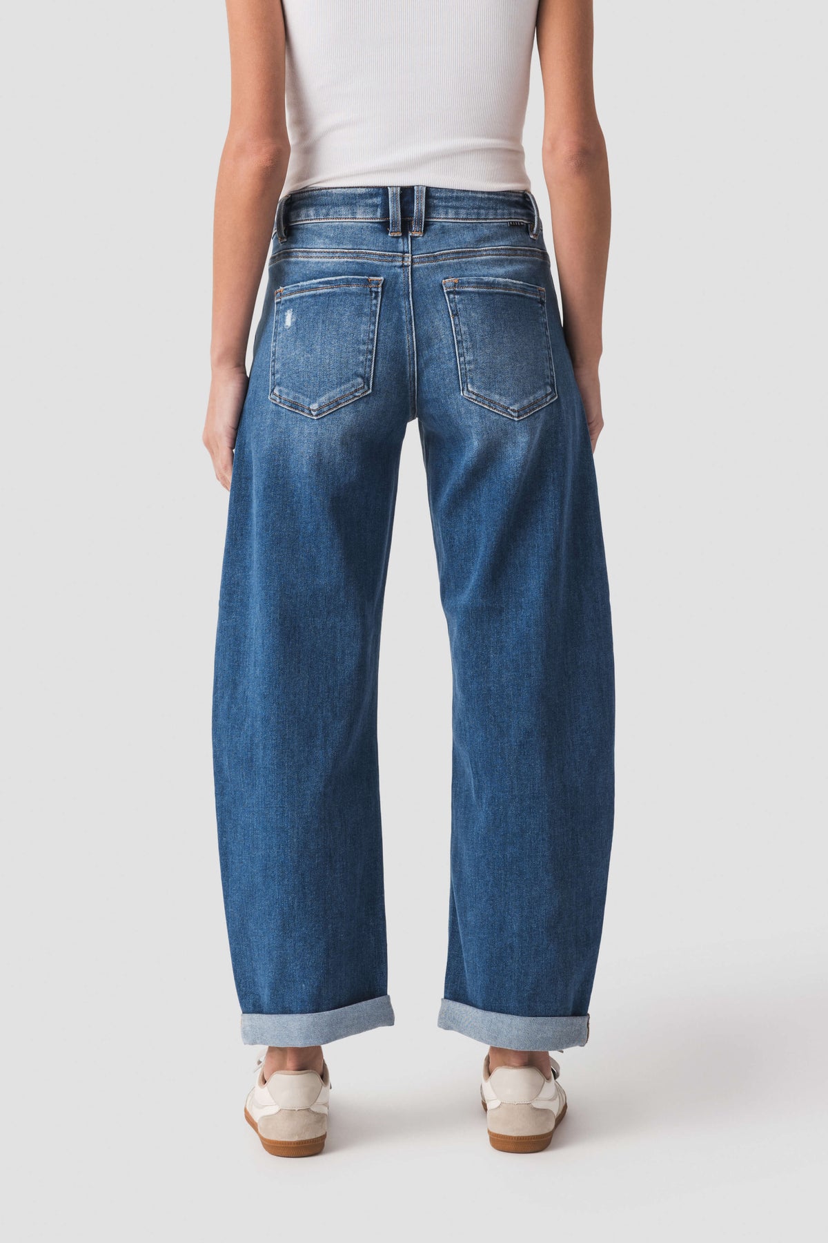 Risen Juliet mid-rise barrel jeans, dark blue denim, back pockets and button waistband