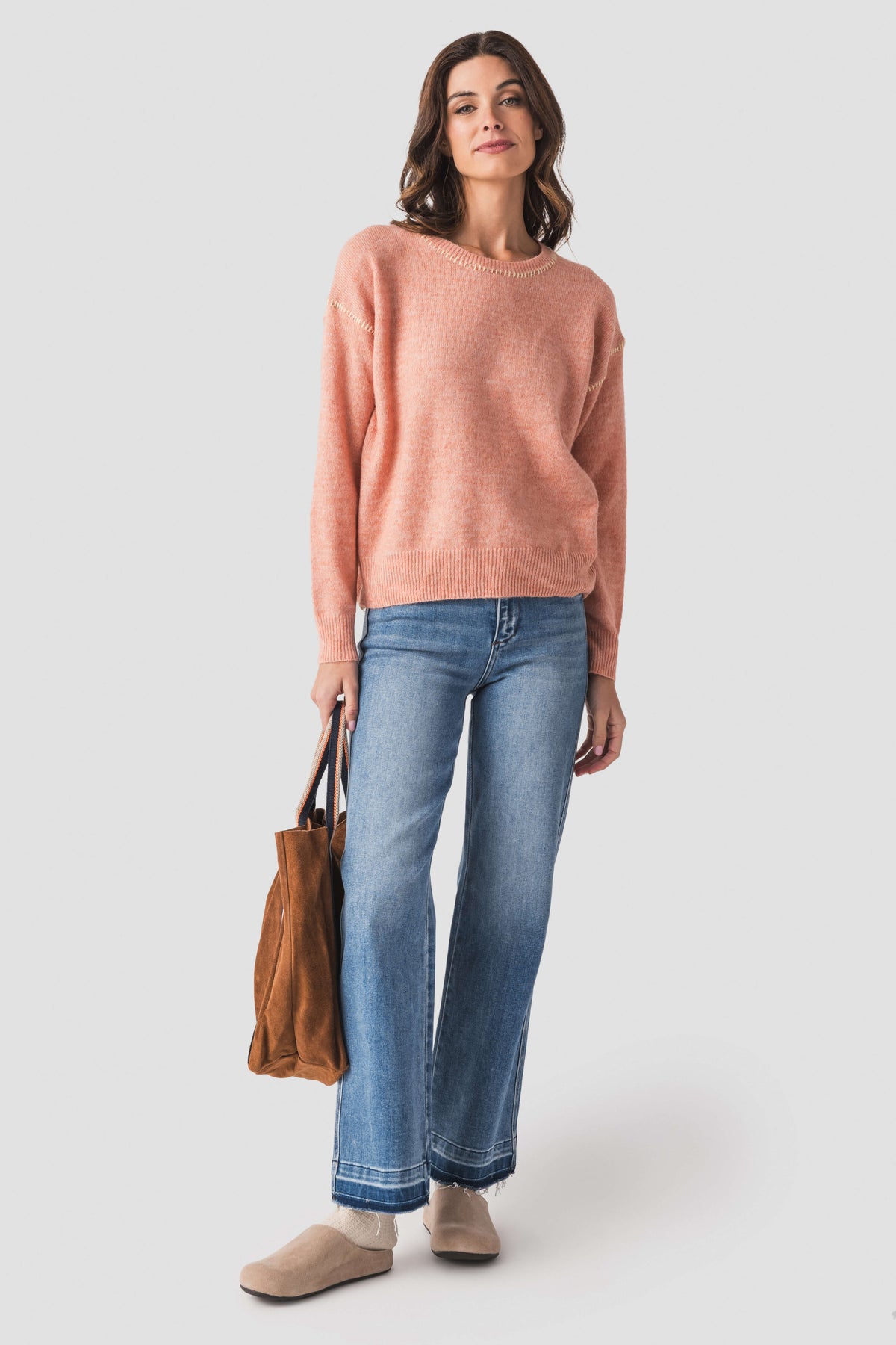 Dusty coral crewneck sweater with contrast stitch, ribbed hem and cuffs
