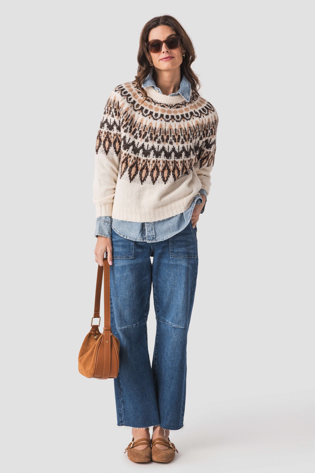 Ivory Fair Isle knit sweater with black and brown Nordic yoke pattern, crew neck