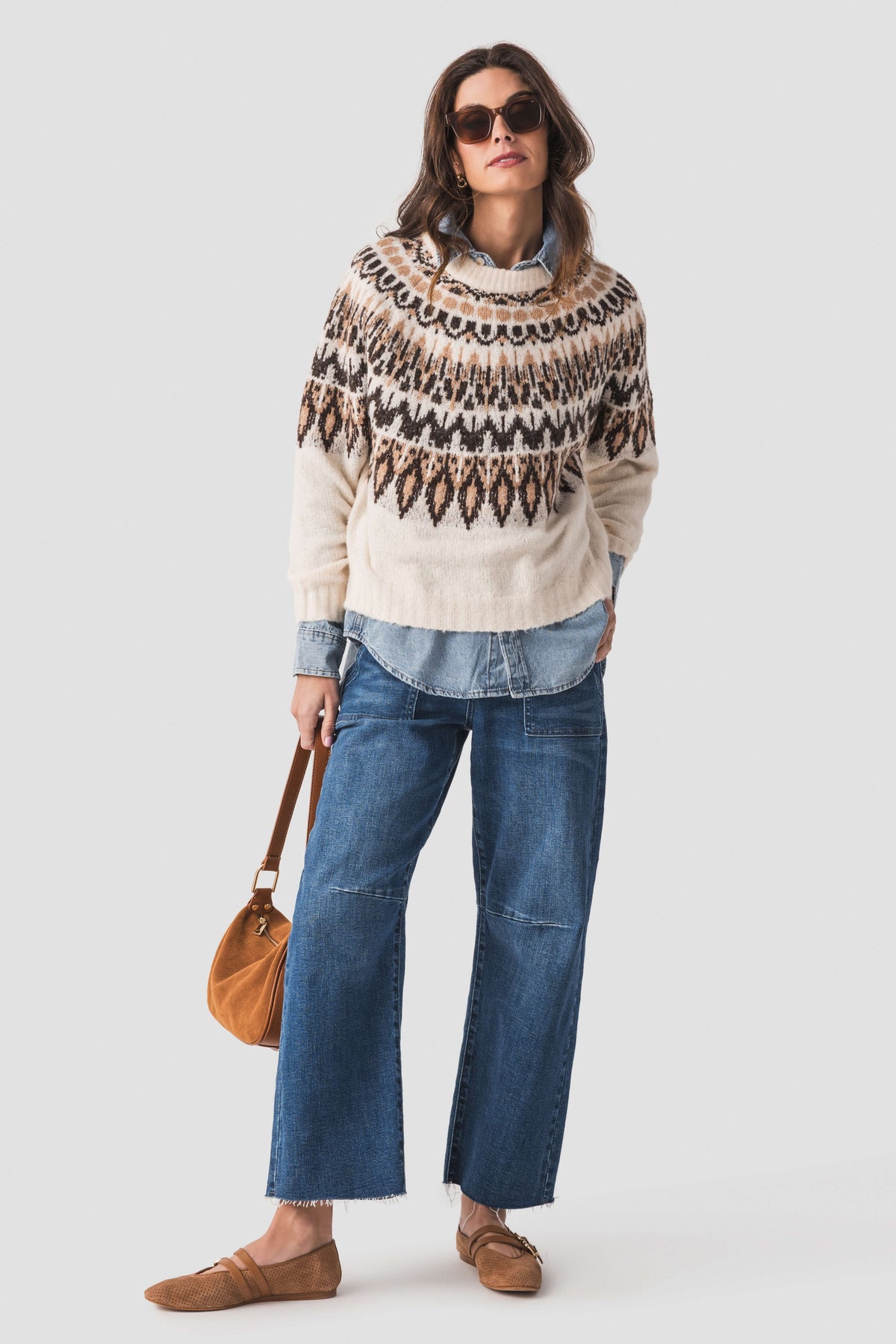 Ivory knit sweater with black and brown Nordic fair isle pattern, crew neck, long sleeves