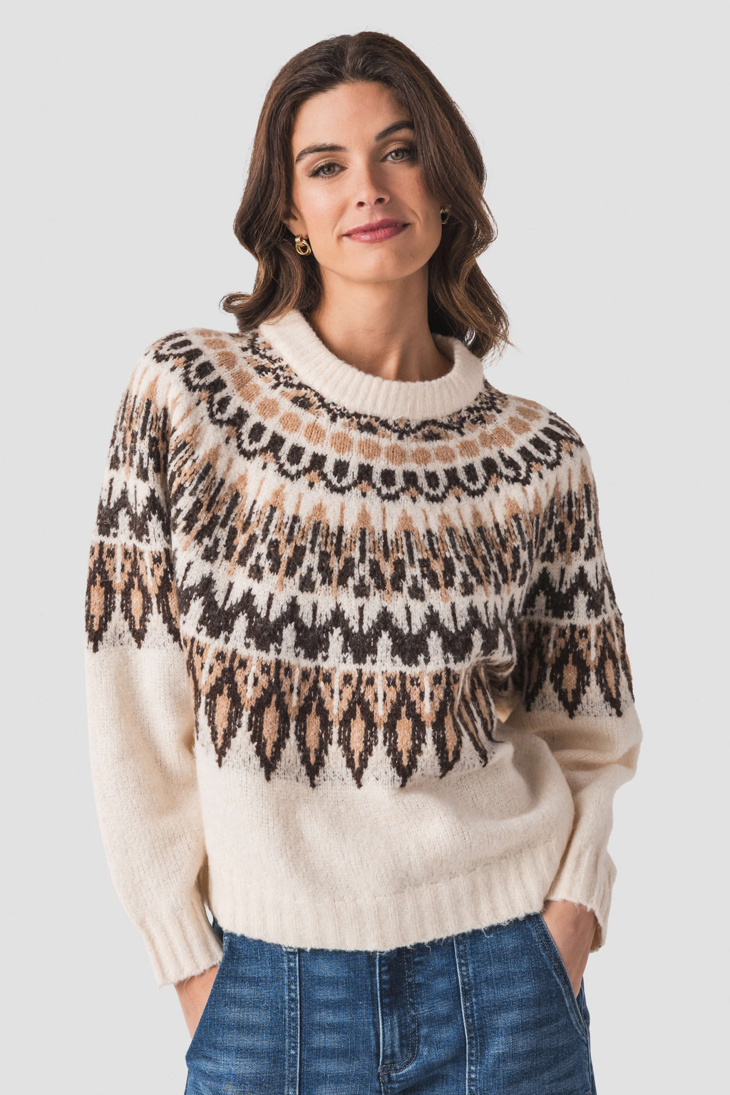 Nordic patterned ivory knit sweater with crew neckline and fair isle motif across chest