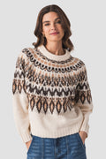 Nordic patterned ivory knit sweater with crew neckline and fair isle motif across chest