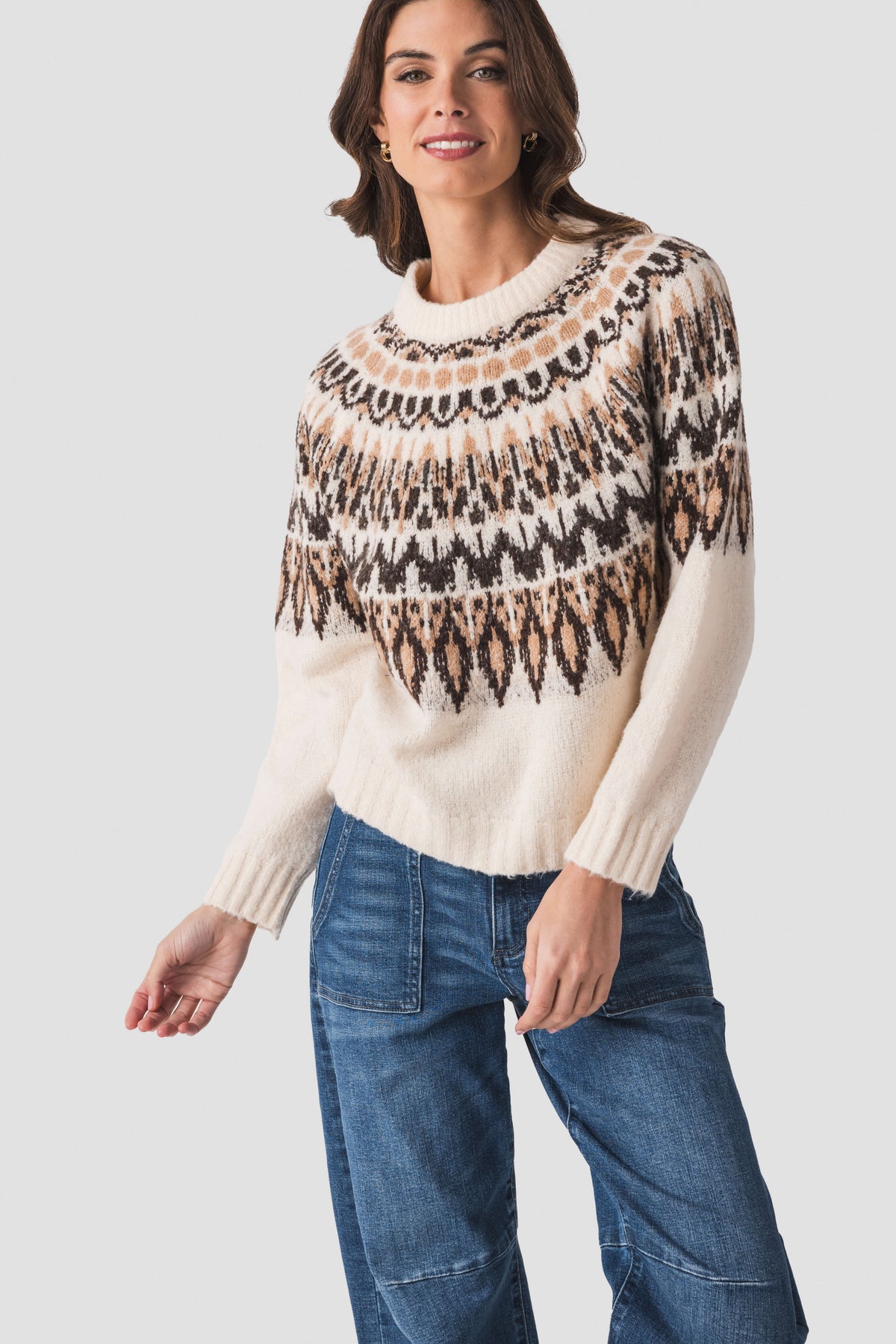 Ivory knit sweater with Nordic fair isle pattern, crew neck, fitted long sleeves