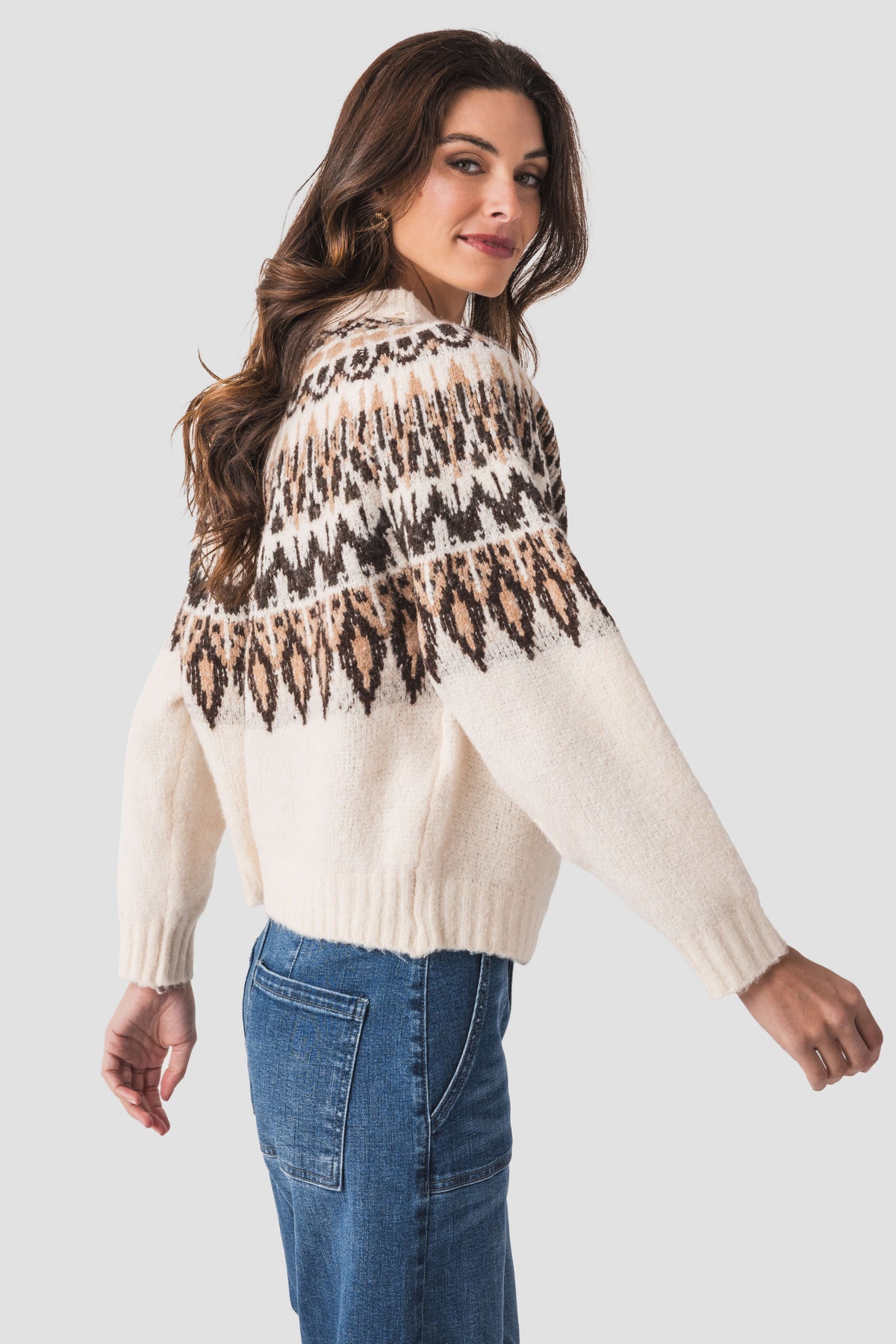 Ivory knit sweater with black and brown Nordic pattern, crew neck, ribbed cuffs