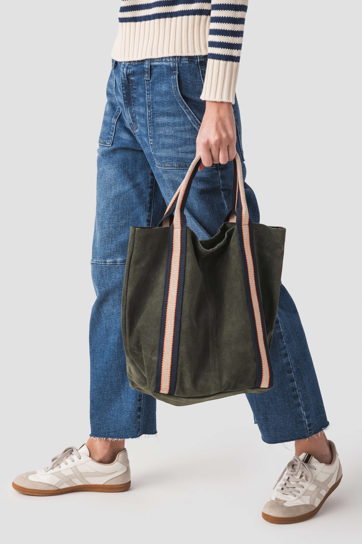 Olive suede leather tote bag with striped sides and top handles