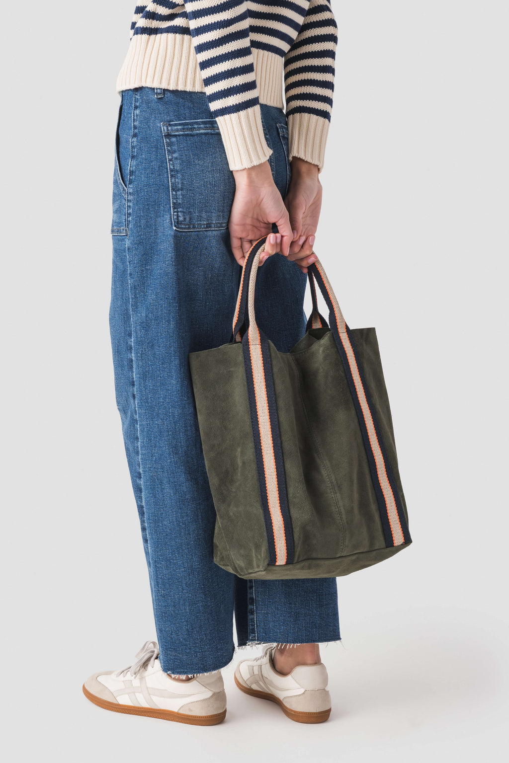 Olive suede leather tote bag with striped trim, wide side panels, open top