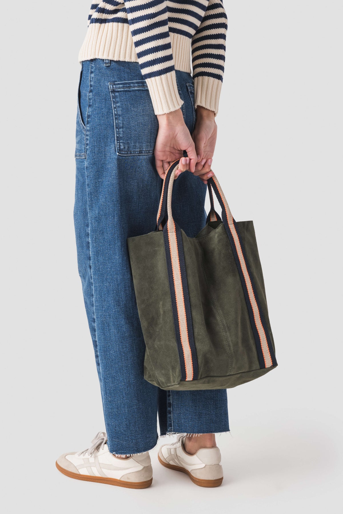 Olive suede leather tote bag with striped trim, wide side panels, open top