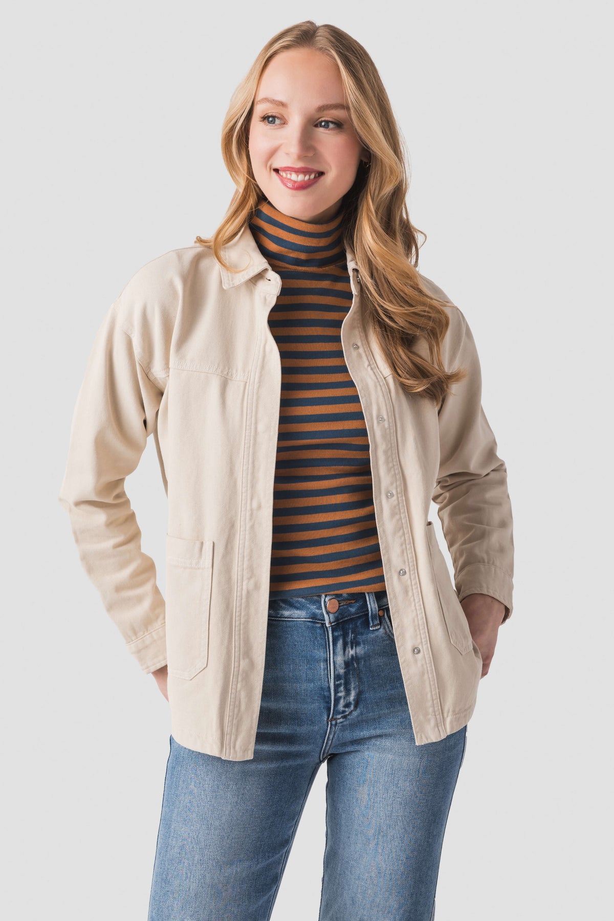 Women’s parchment utility jacket with button front, chest pockets, long sleeves