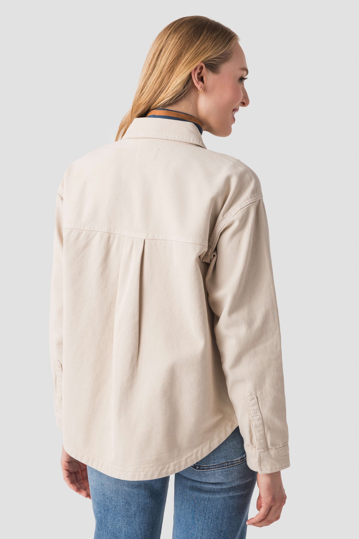 Women’s parchment button-up jacket with center back yoke and long sleeves, back view