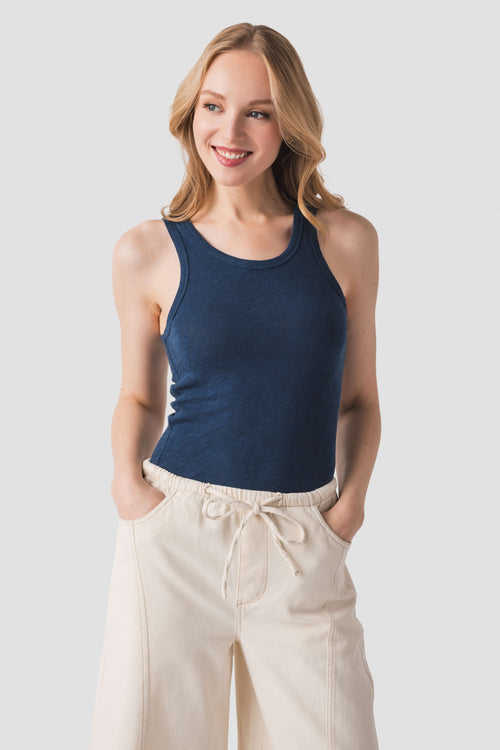 Indigo slub scoop tank top, sleeveless fitted look with crew neckline.