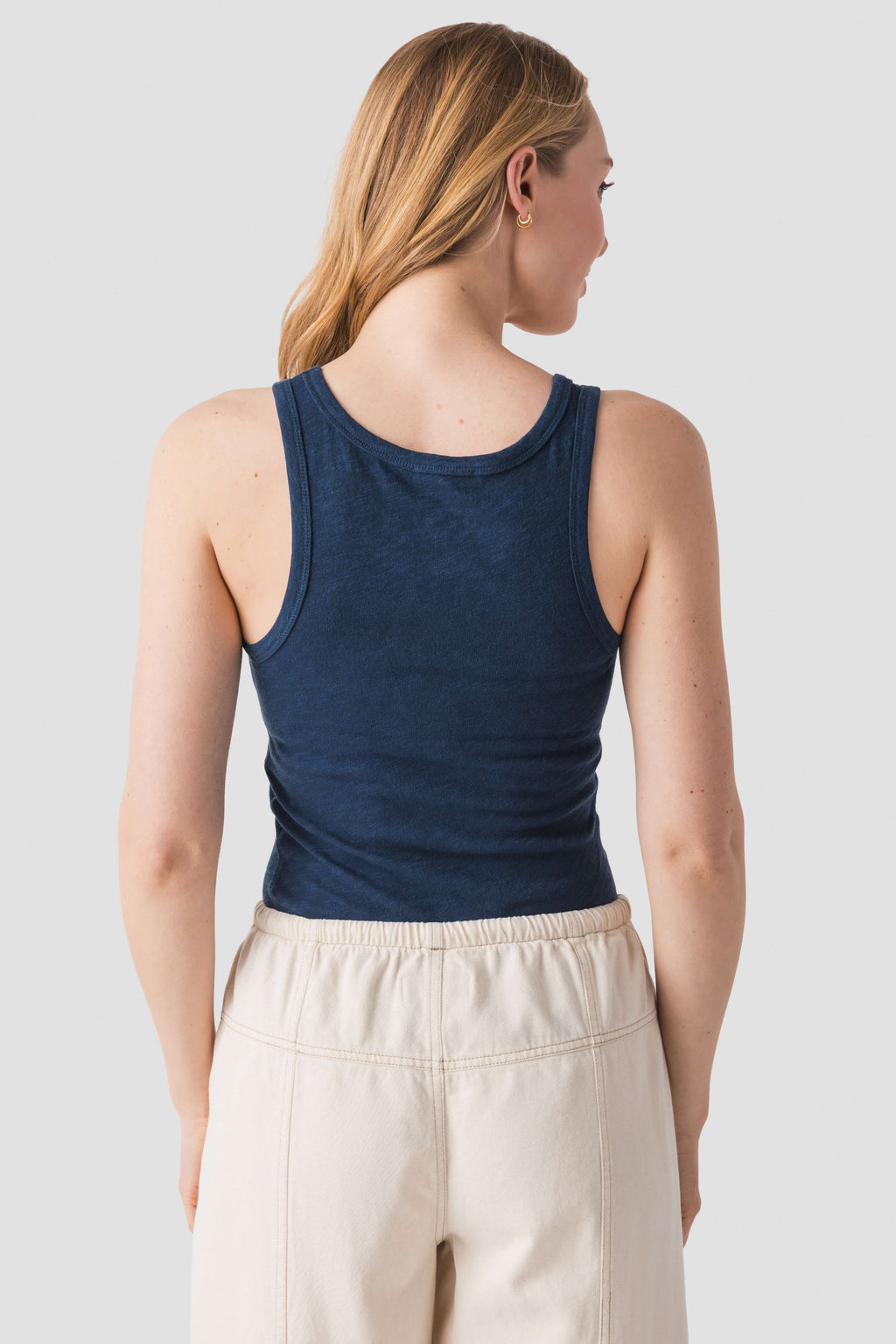 Indigo slub scoop tank top, scooped back and sleeveless fitted design.