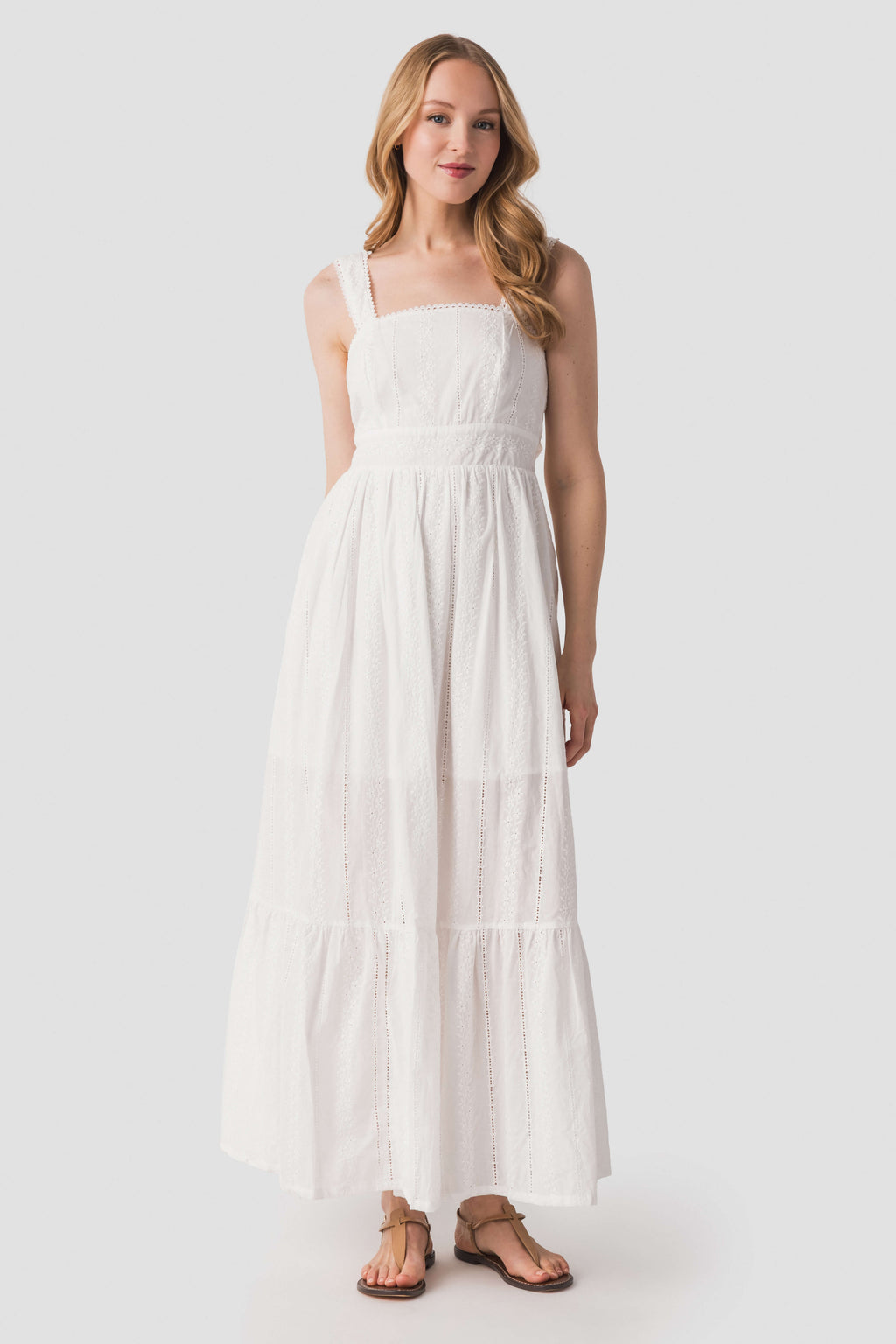 Dress Forum ivory lace maxi dress, square neck and spaghetti straps, tiered skirt