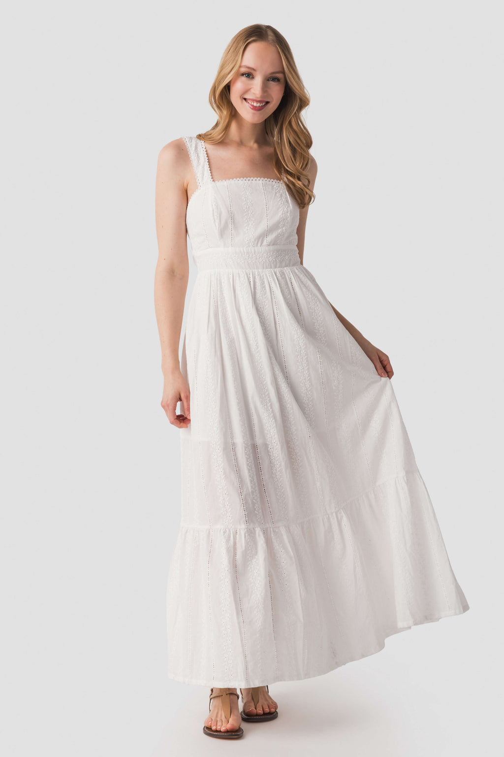 Dress Forum ivory lace maxi dress from side, sleeveless square neckline, tiered hem