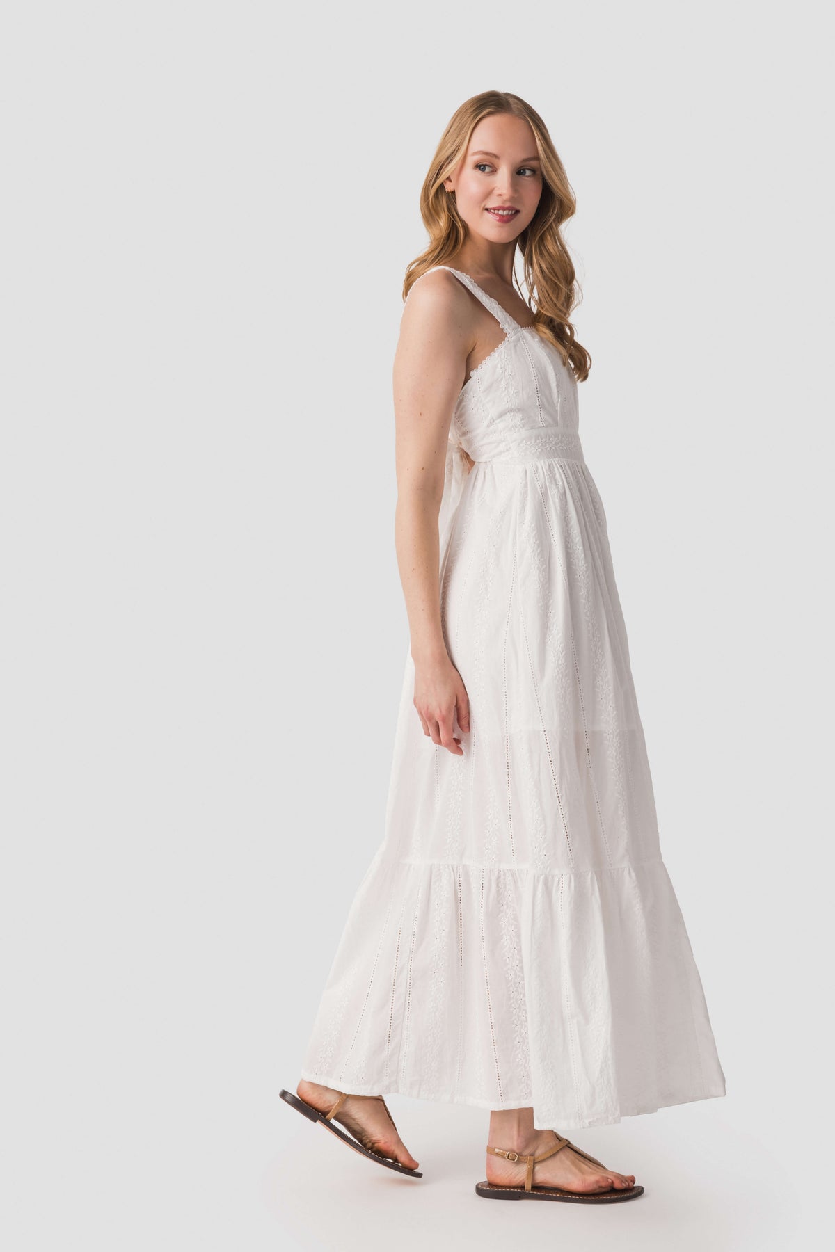 Dress Forum ivory lace maxi dress, front view, square neck, scalloped lace trim
