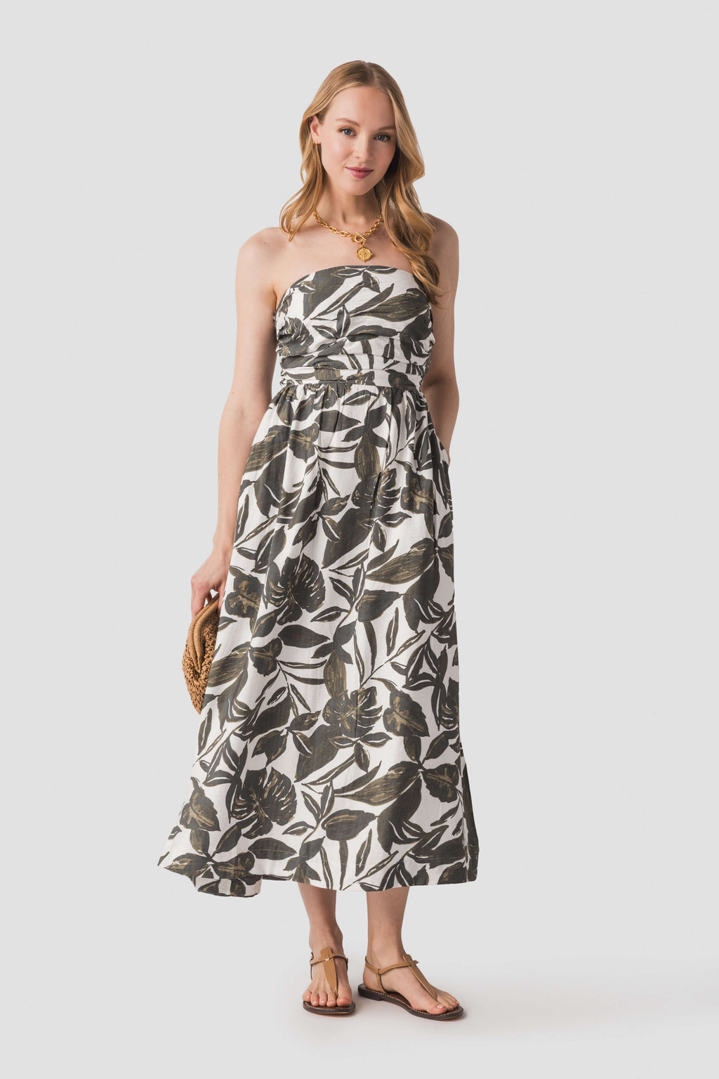 Dress Forum strapless black-and-white leaf print maxi dress with gathered bust and tiered skirt