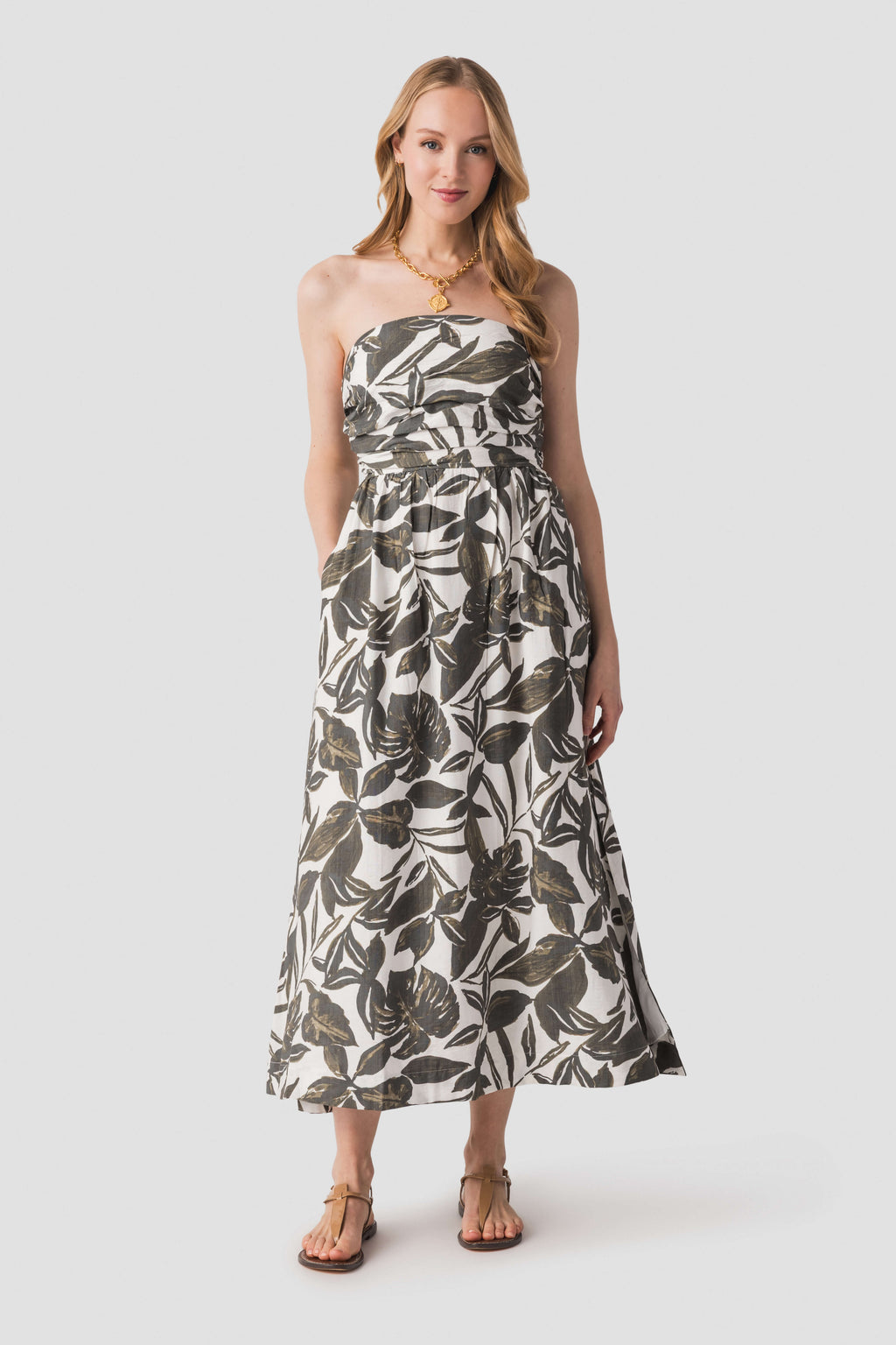 Dress Forum strapless black-and-white leaf print maxi dress, full-length tiered skirt