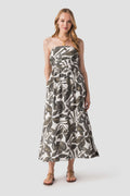 Dress Forum strapless black-and-white leaf print maxi dress, full-length tiered skirt