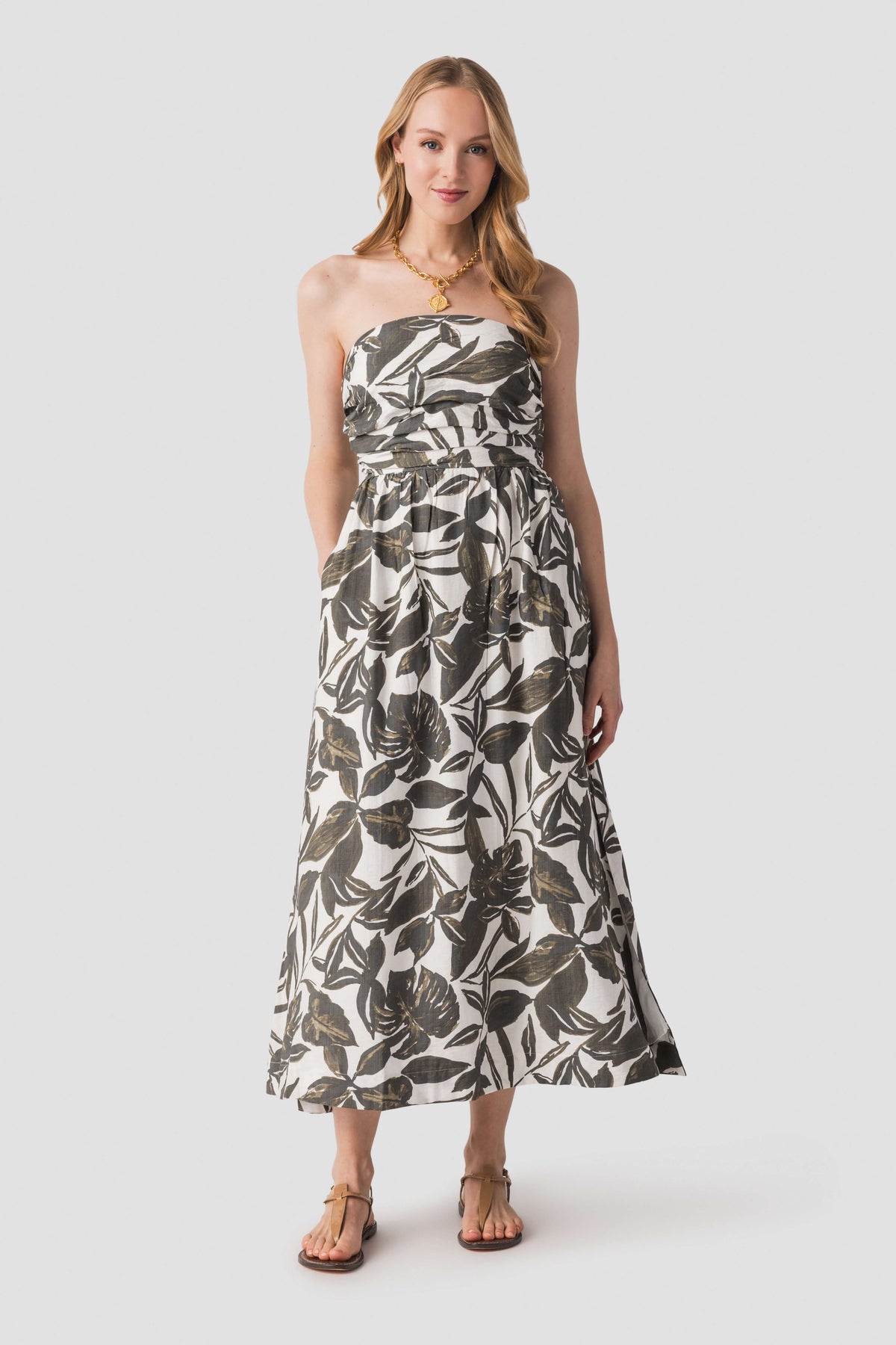 Dress Forum strapless black-and-white leaf print maxi dress, full-length tiered skirt