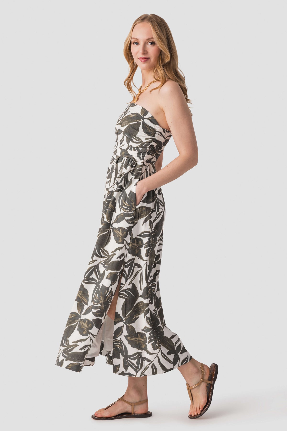 Dress Forum strapless black-and-white leaf print maxi dress with side slit, sleeveless bodice