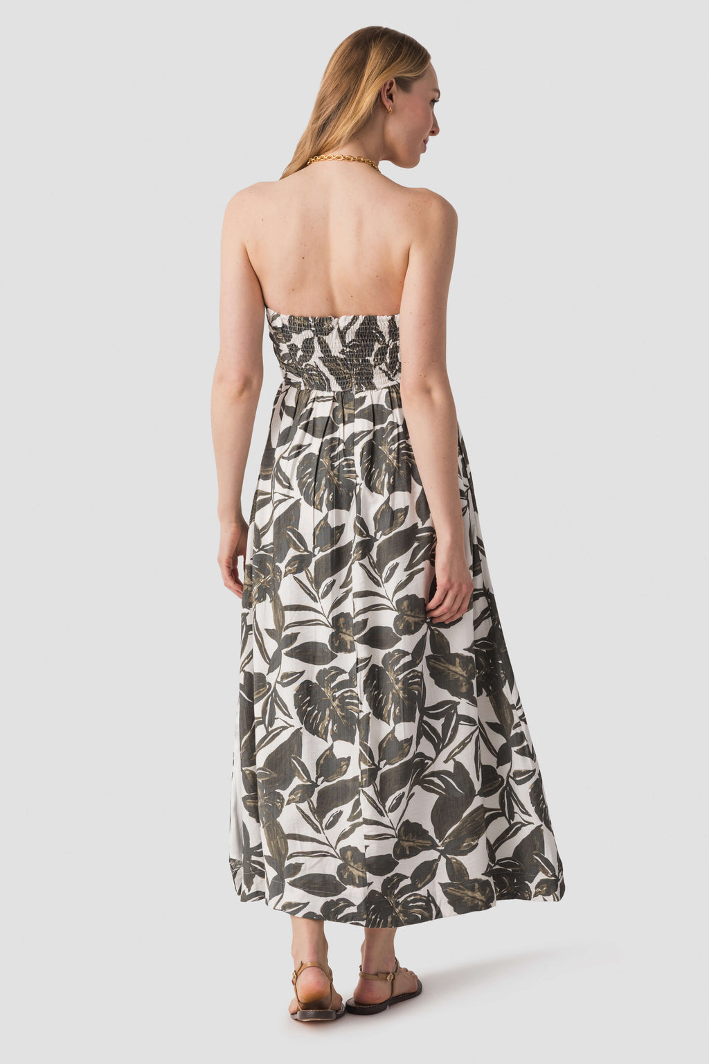 Dress Forum strapless black-and-white leaf print maxi dress, back view with gathered waist