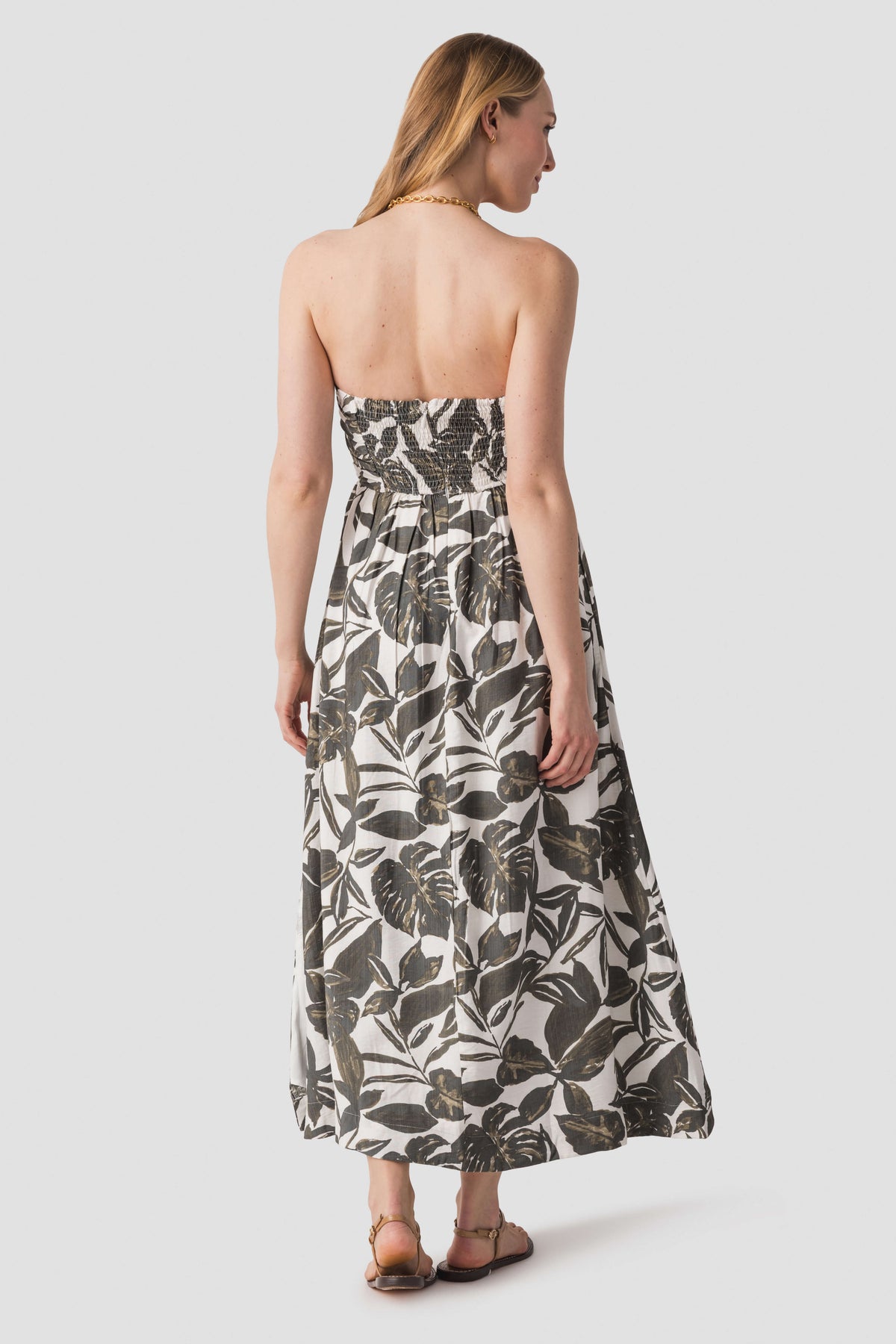 Dress Forum strapless black-and-white leaf print maxi dress, back view with gathered waist