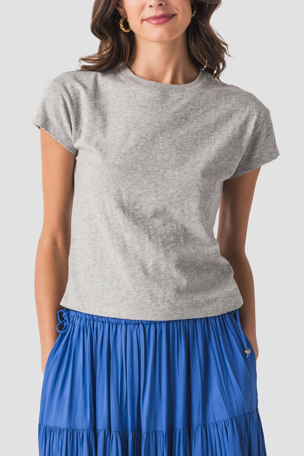 Heather gray slub tee with crew neck and short sleeves, front view