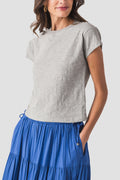 Heather gray slub tee, crew neck and short sleeves, close-up