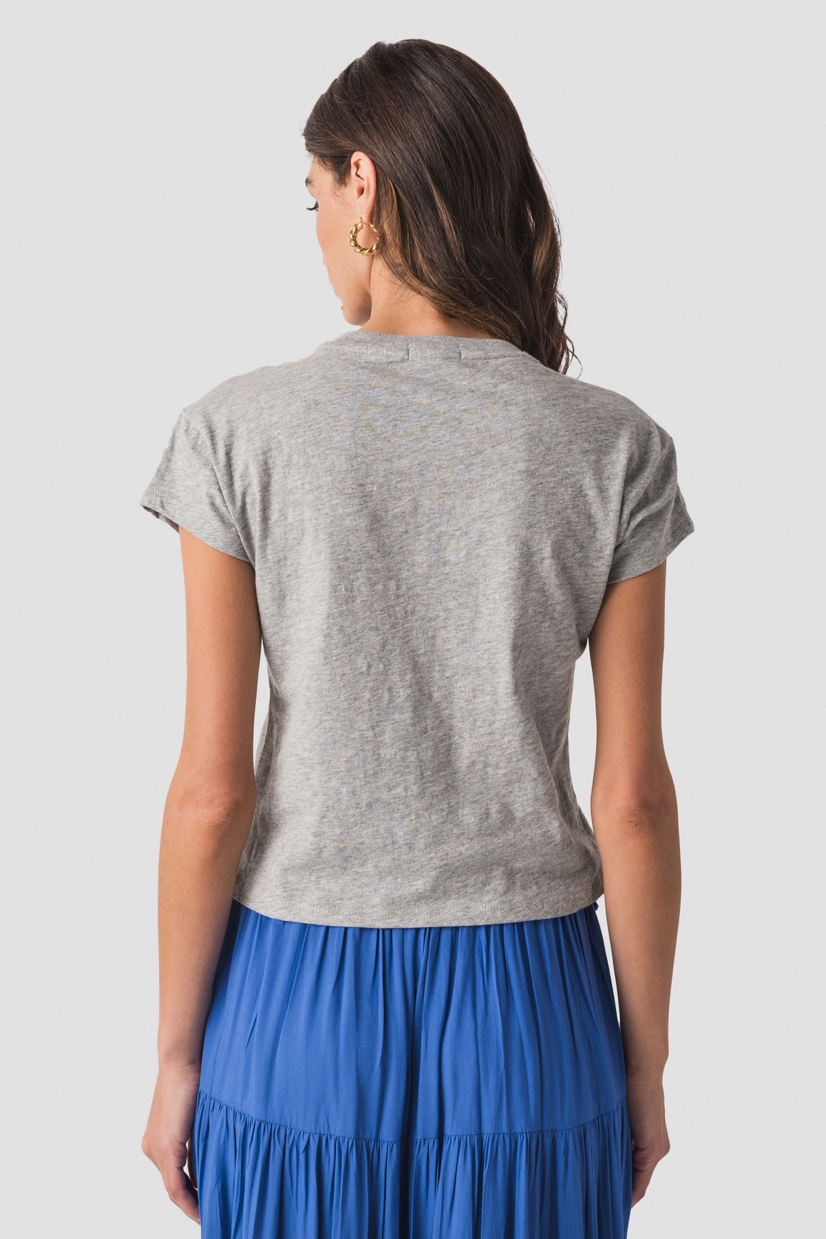 Heather gray short-sleeve slub tee, back view with crew neck and short sleeves.