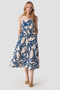 Strapless tube top midi dress in blue-and-white abstract print, elastic waist and pleated skirt