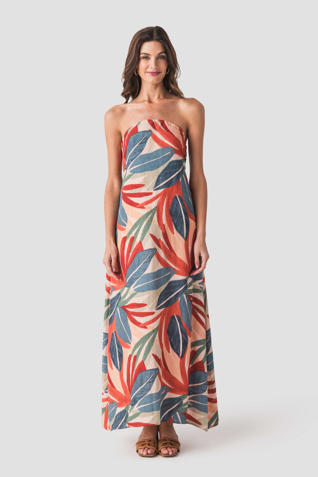 Strapless palm print maxi dress in orange, blue, and green with gathered skirt