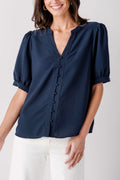 Navy V-neck button-front blouse with puff sleeves