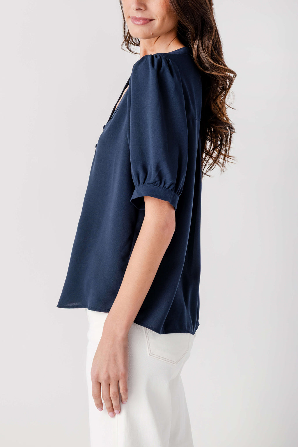 Navy puff-sleeve blouse top side view with gathered neckline